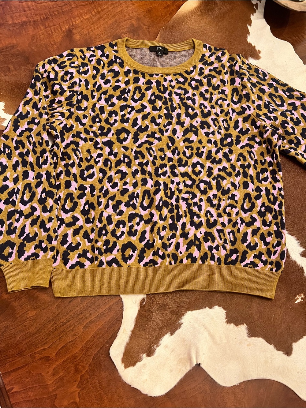 J. Crew Leopard Print Crewneck Sweater - Mustard, Lilac & Navy
